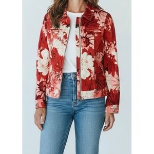 Chicos Additions size 1 medium Floral Zip Front Jacket Womens Red Cotton Stretch